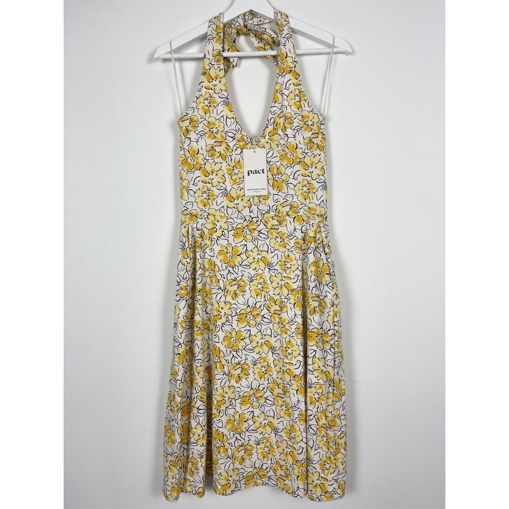 NWT Pact Organic Cotton Fit Flare Halter Dress Size Small Pockets Yellow Floral - Picture 2 of 10